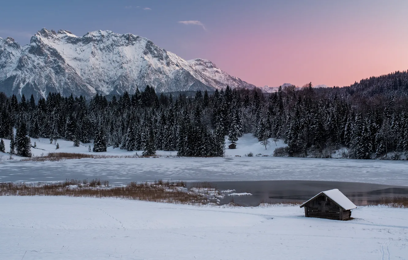 Фото обои зима, лес, снег, горы, озеро, берег, вершины, Альпы