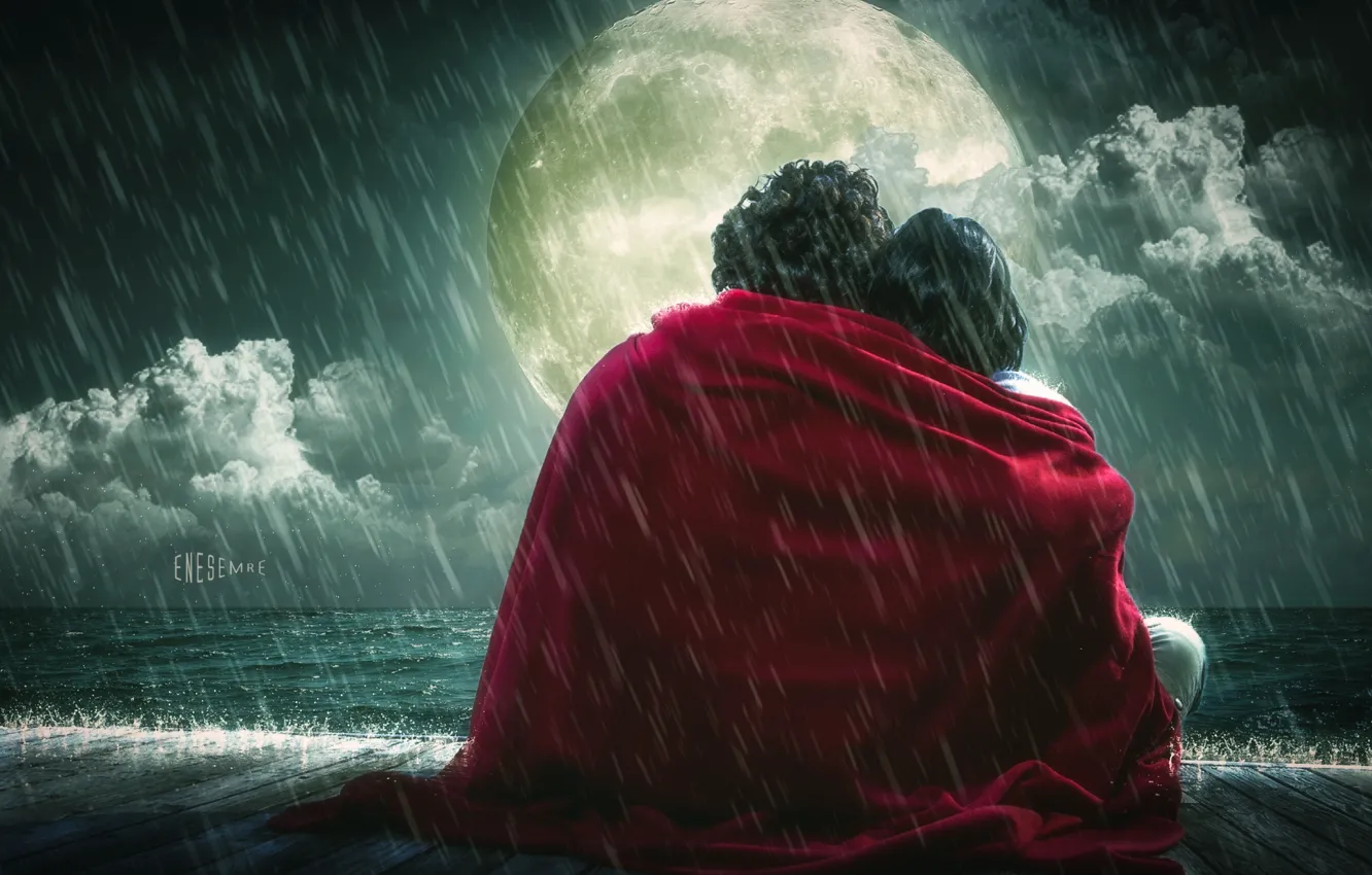 Фото обои дождь, луна, романтика, чувства, одеяло, влюбленные