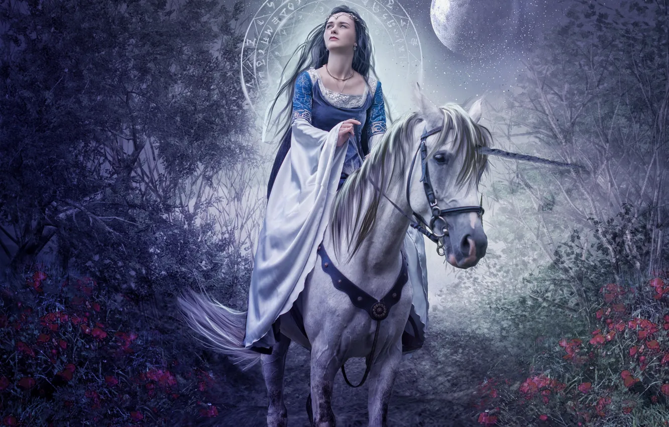 Фото обои девушка, цветы, ночь, луна, лошадь, сад, нимб, фото арт