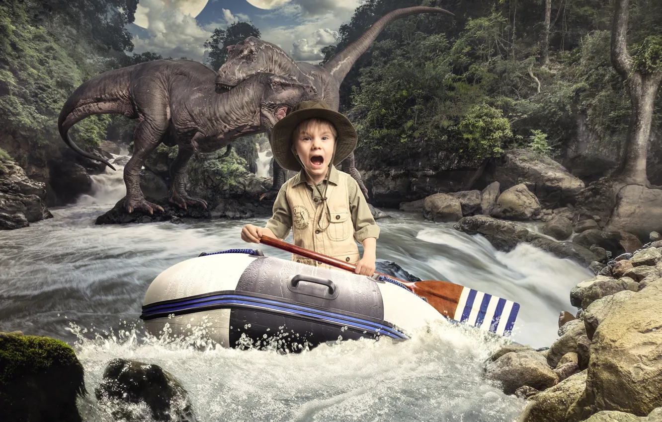 Фото обои река, испуг, мальчик, динозавры, ужас, весло, резиновая лодка, Михаил Новиков