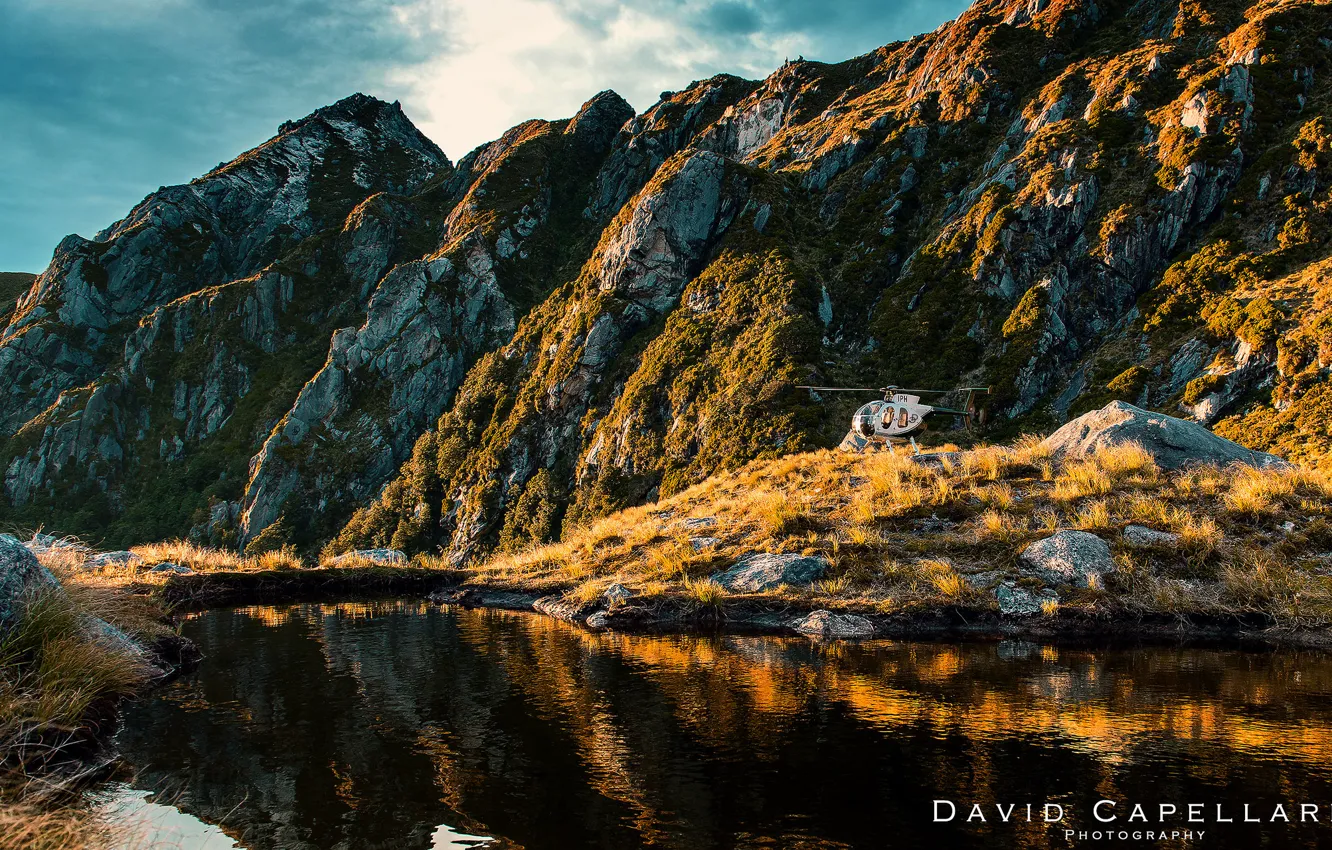 Фото обои горы, природа, озеро, скалы, Новая Зеландия, вертолет, New Zealand, David Capellar