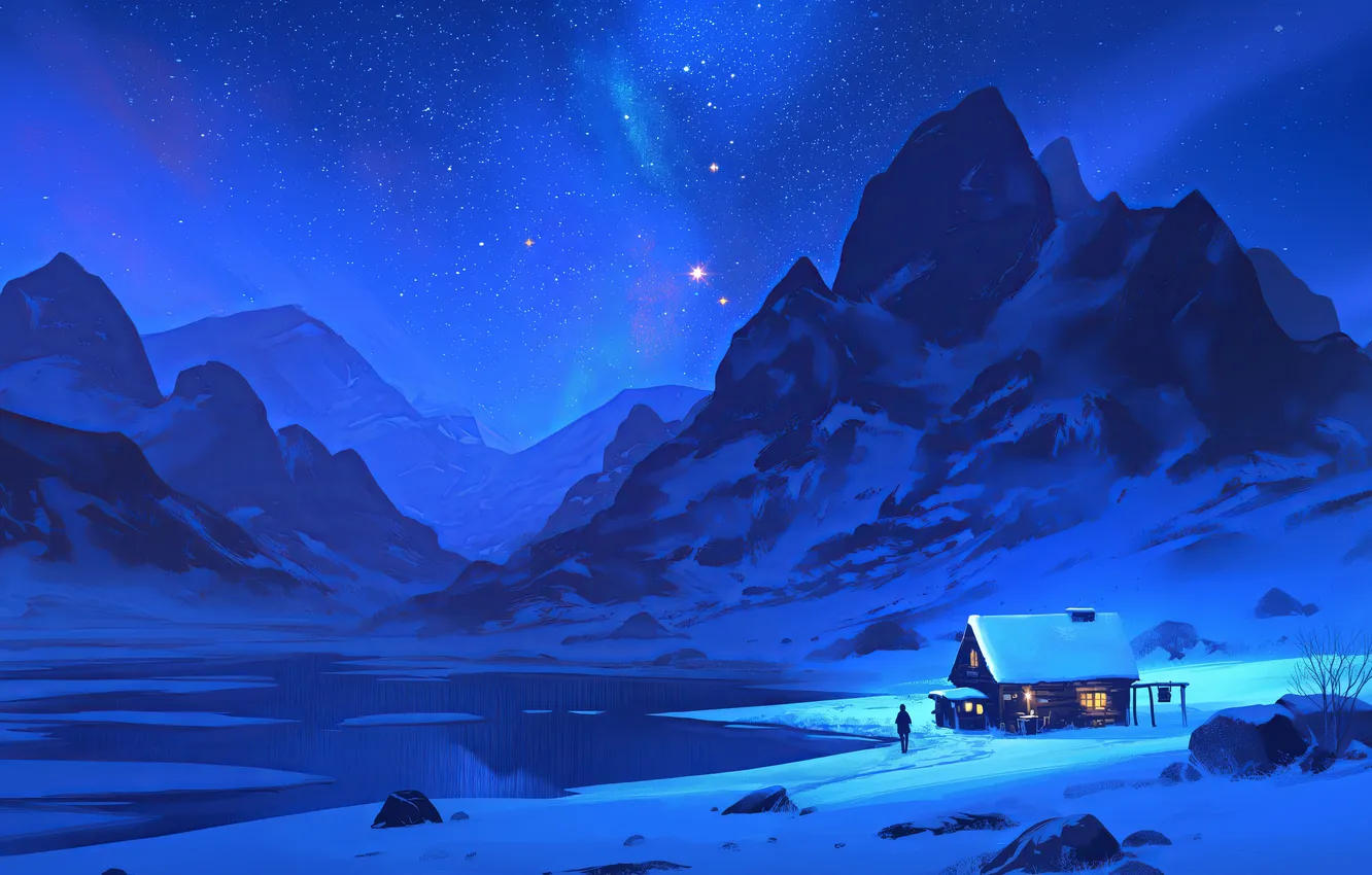 Фото обои lights, Night, winter, mountain, lake, snow, stars, artwork