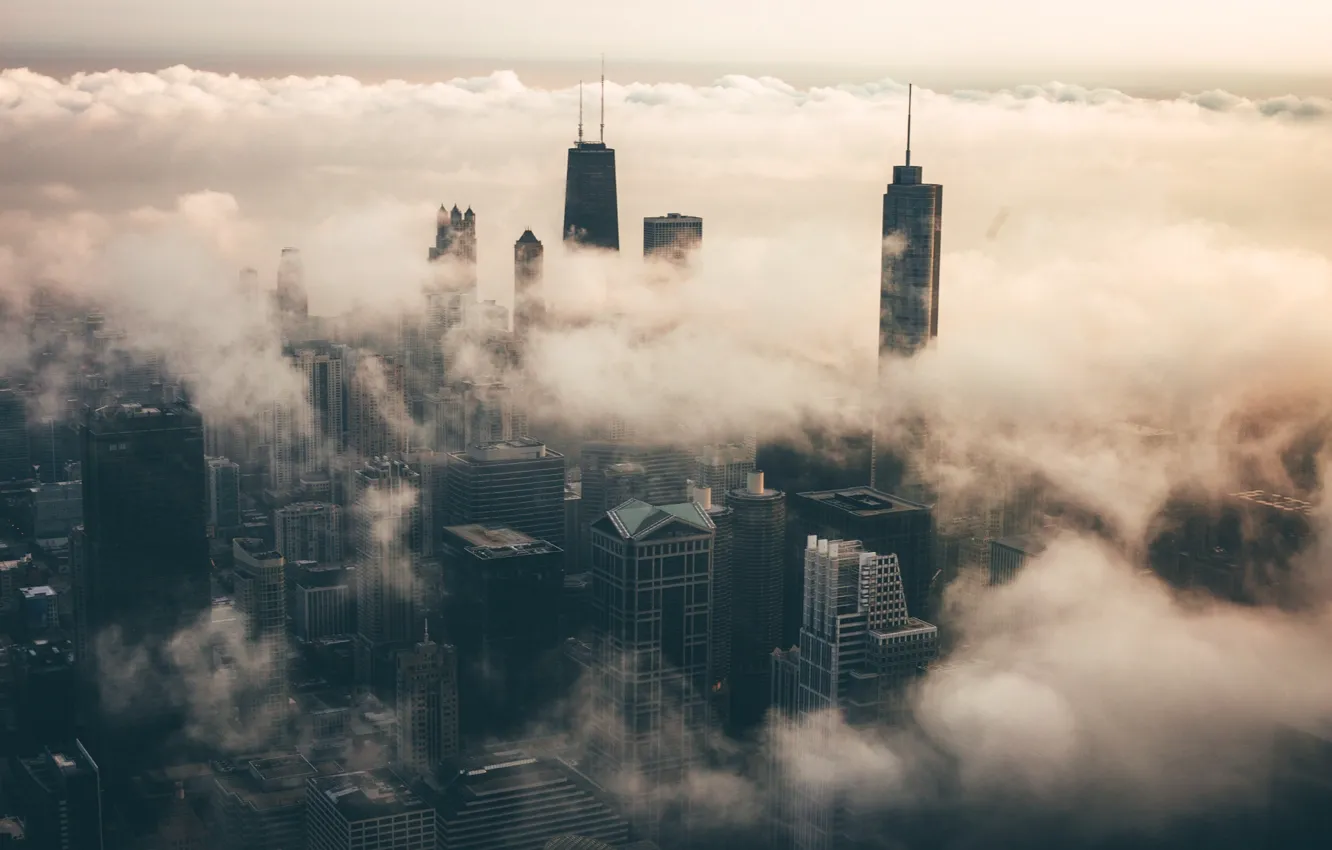 Фото обои облака, город, туман, Чикаго, США