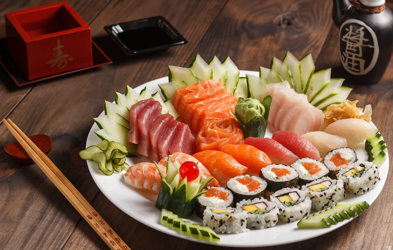 Фото обои рыба, рис, суши, ассорти
