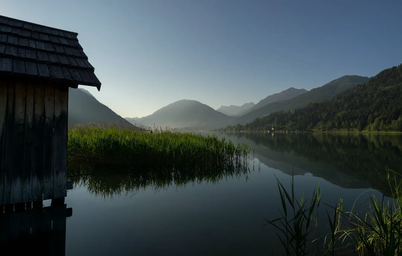 Фото обои горы, озеро, рыбак, утро