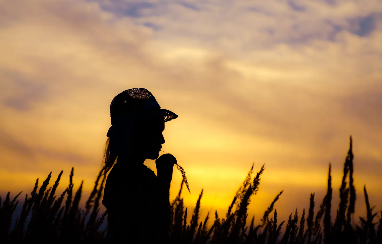 Фото обои поле, небо, закат, вечер, шляпа, девочка, ребёнок