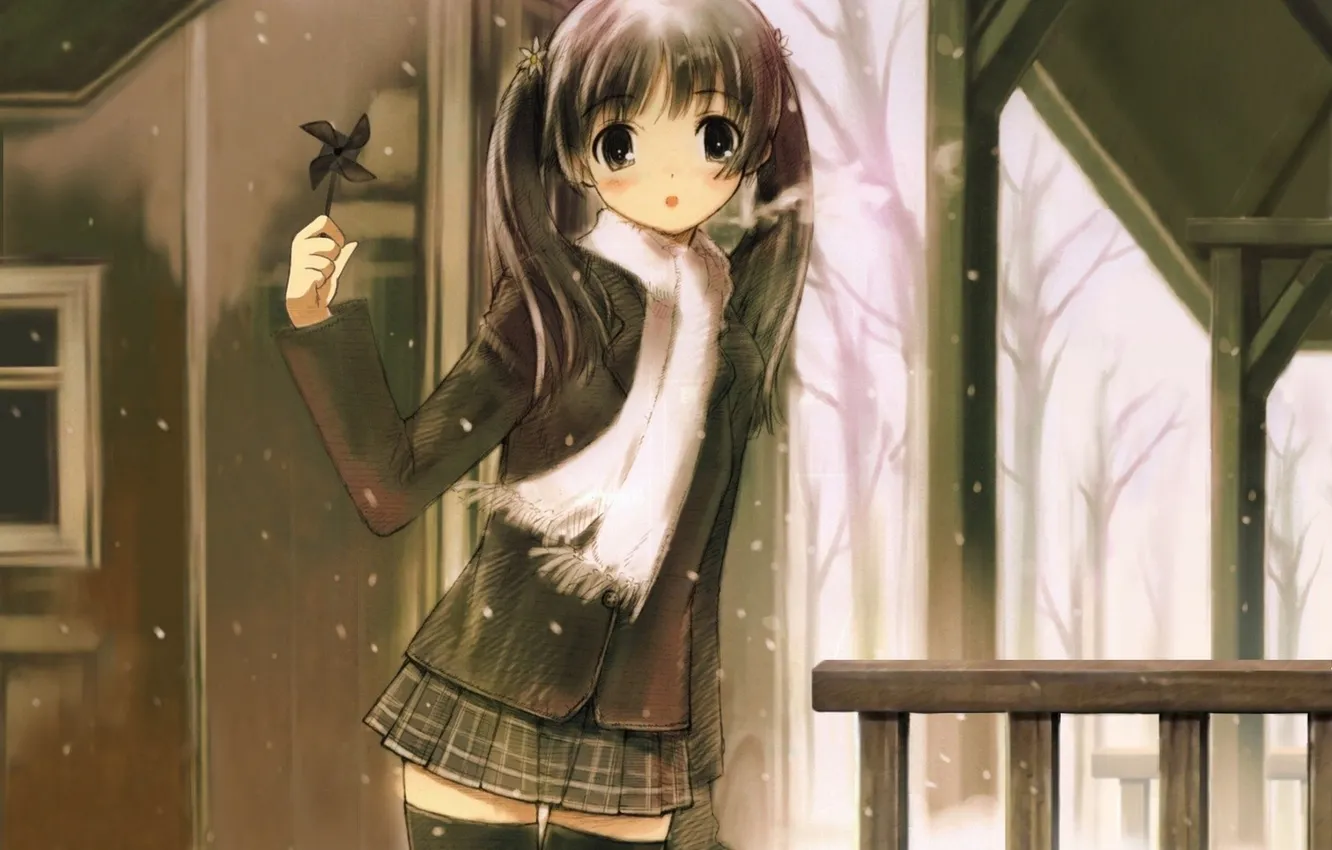Фото обои холод, зима, девушка, снег, аниме, шарф, арт, форма
