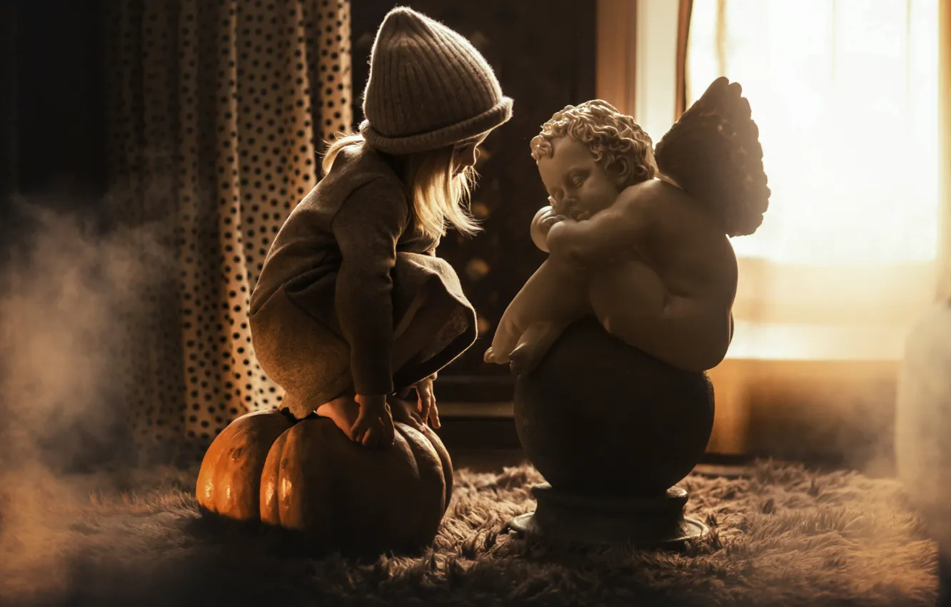 Фото обои шапка, ангел, девочка, тыква, скульптура