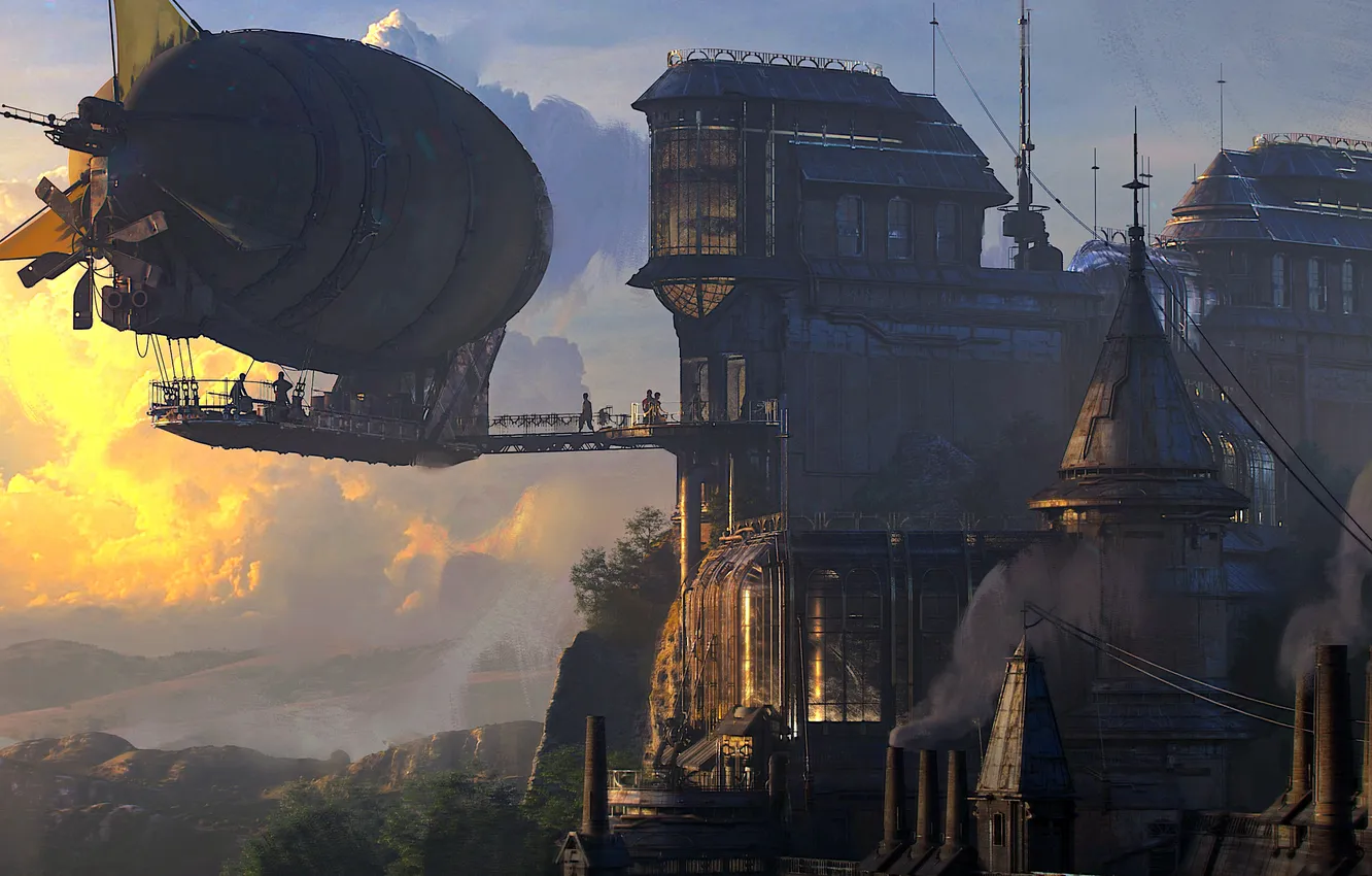 Фото обои fantasy, airship, sky, sunset, science fiction, clouds, sci-fi, steampunk