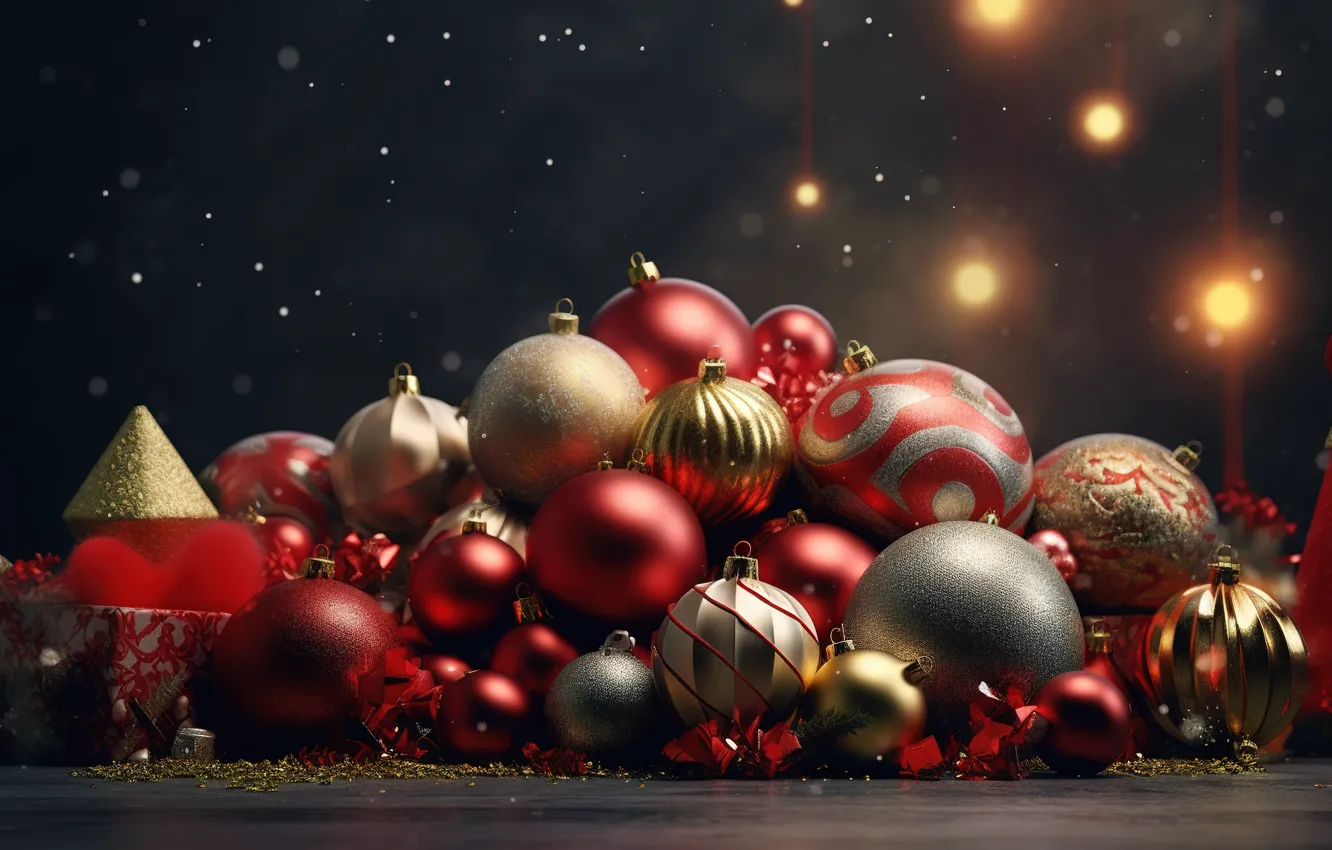 Фото обои фон, шары, Новый Год, Рождество, red, golden, new year, happy