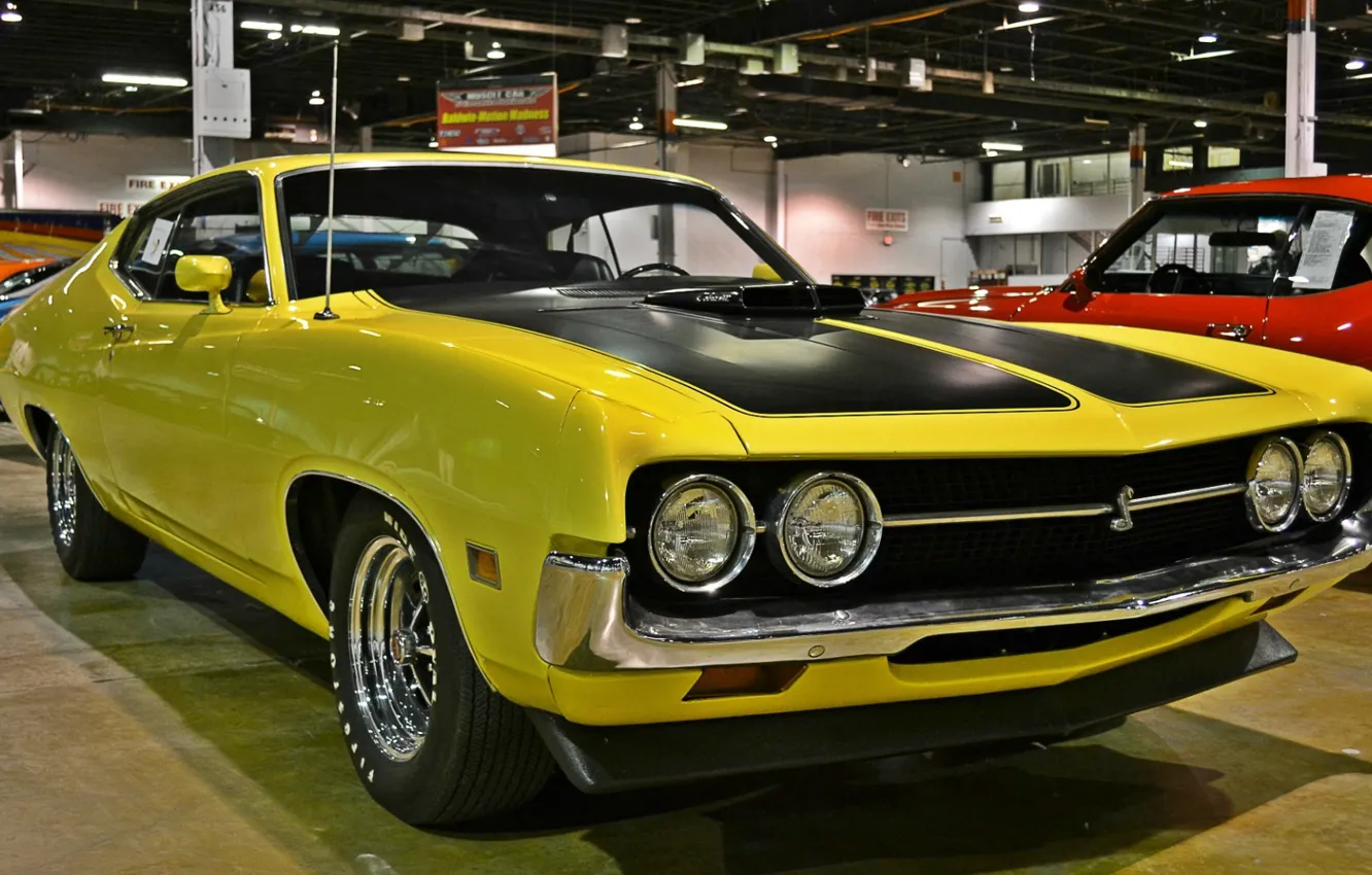 Фото обои ford, line, yellow, muscle car, 1970, classic, gran torino, wheel