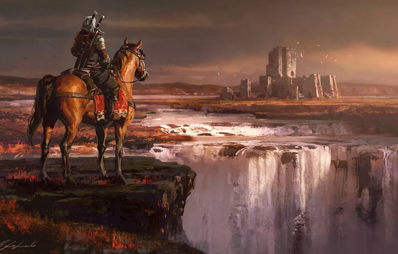 Фото обои Лошадь, Ночь, Водопад, Лес, Замок, Воин, Fantasy, Art