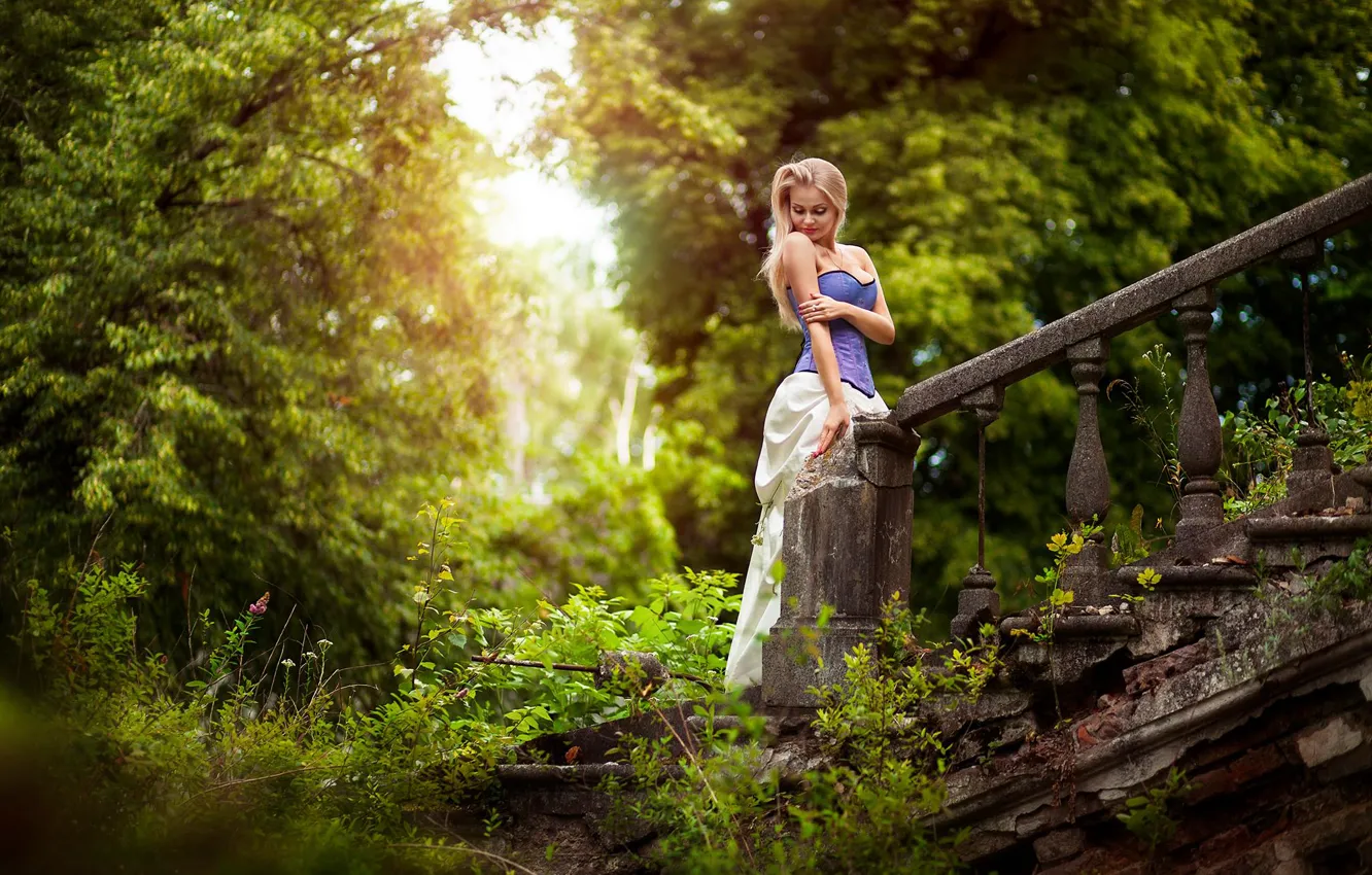 Фото обои зелень, лес, девушка, деревья, сказка, платье, лестница, корсет