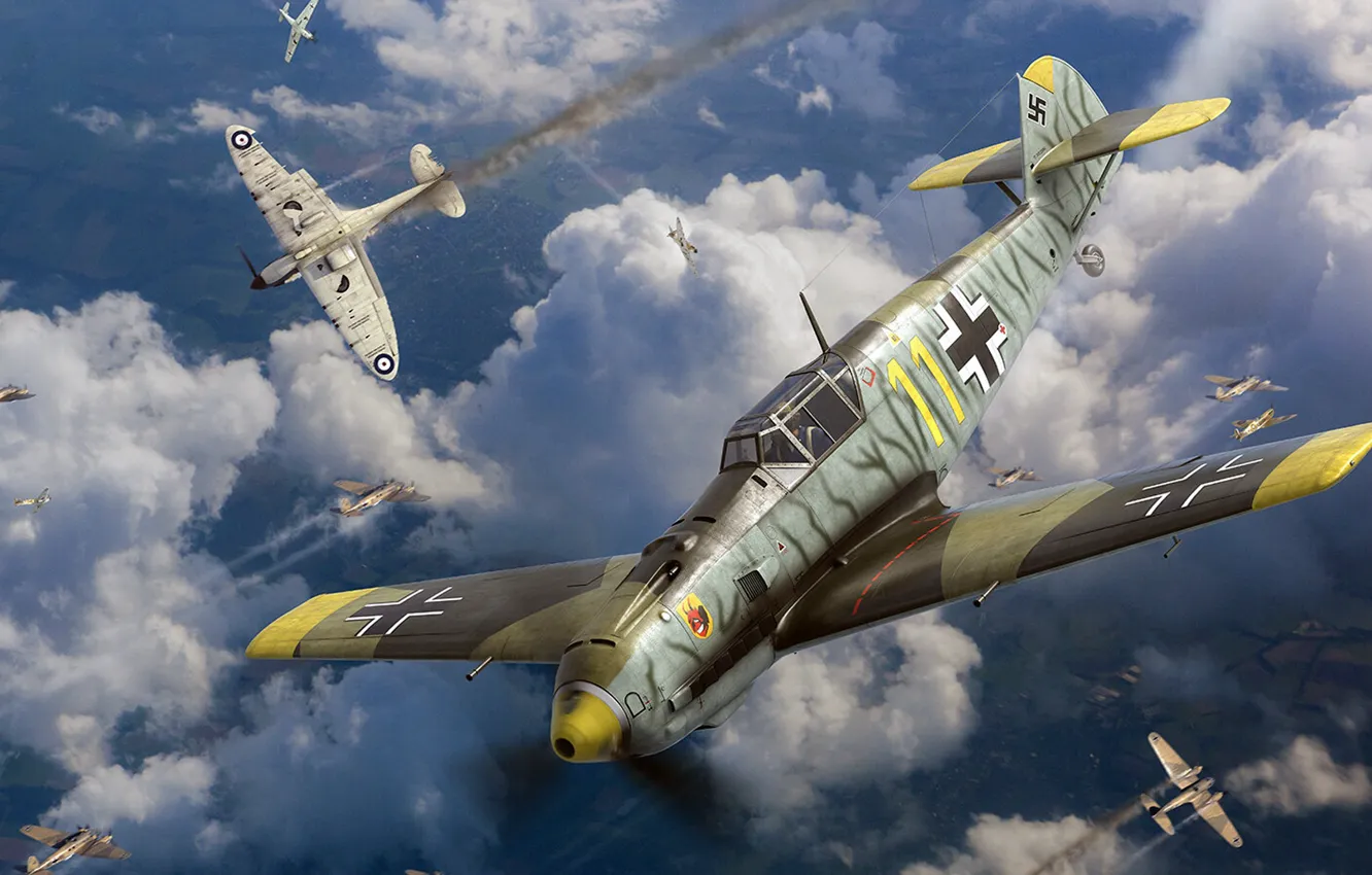 Фото обои Supermarine Spitfire, Битва за Британию, Люфтваффе, Messerschmitt Bf.109, одномоторный поршневой истребитель-низкоплан, британский истребитель, Heinkel He …