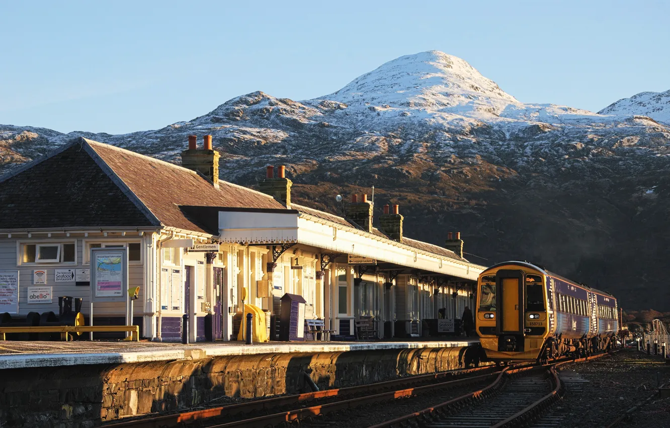 Фото обои landscape, nature, winter, mountain, snow, station, train, Scotland