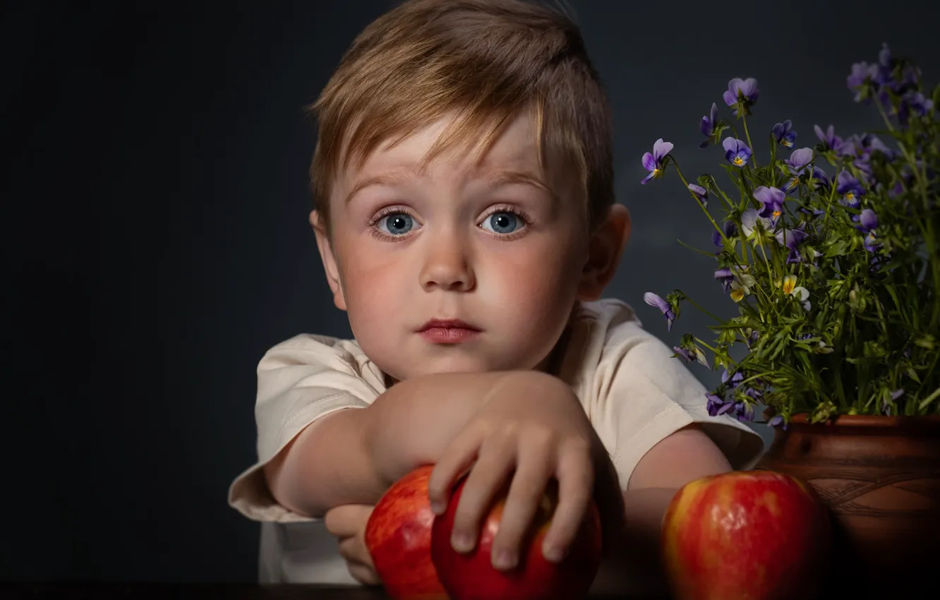 Фото обои цветы, яблоки, портрет, мальчик, ребёнок, мальчуган, Александр Якименко