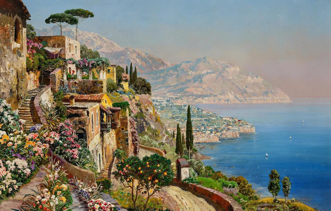 Фото обои Цветы, Дома, Горы, Деревья, Картина, Побережье, Alois Arnegger, Алоис Арнеггер
