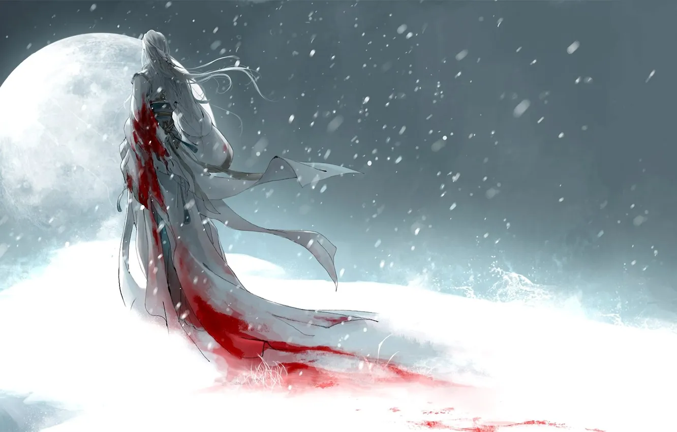 Фото обои девушка, снег, луна, кровь, арт, heise