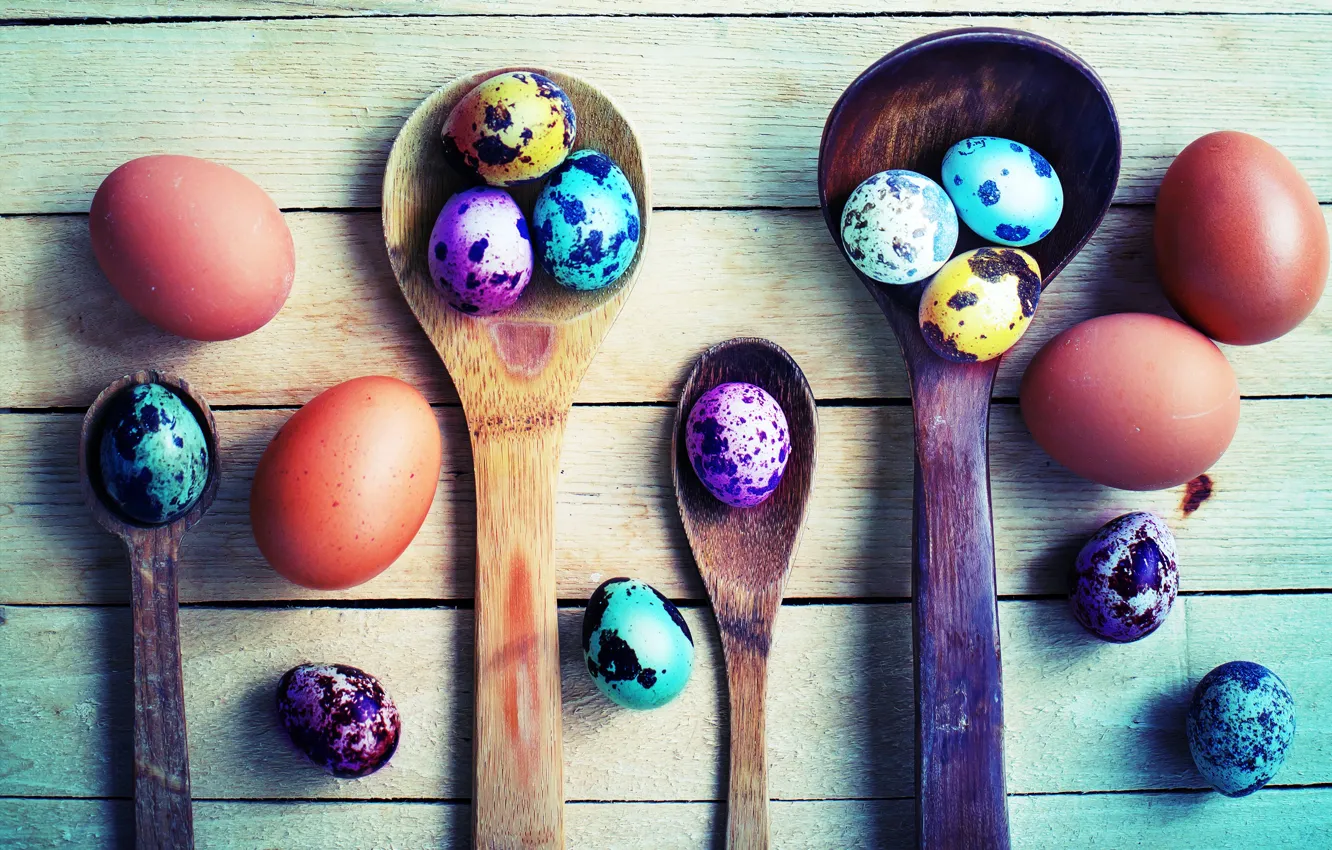 Фото обои доски, яйца, colorful, Пасха, ложка, spring, Easter, крашеные