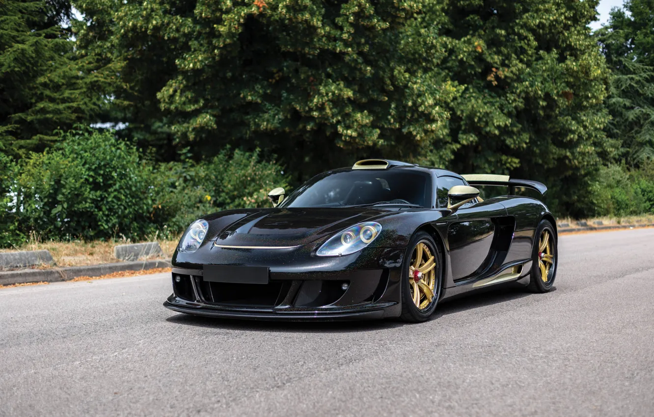 Фото обои Porsche, Gemballa, Carrera GT, Front, Black, 2009, Supercar, Gold