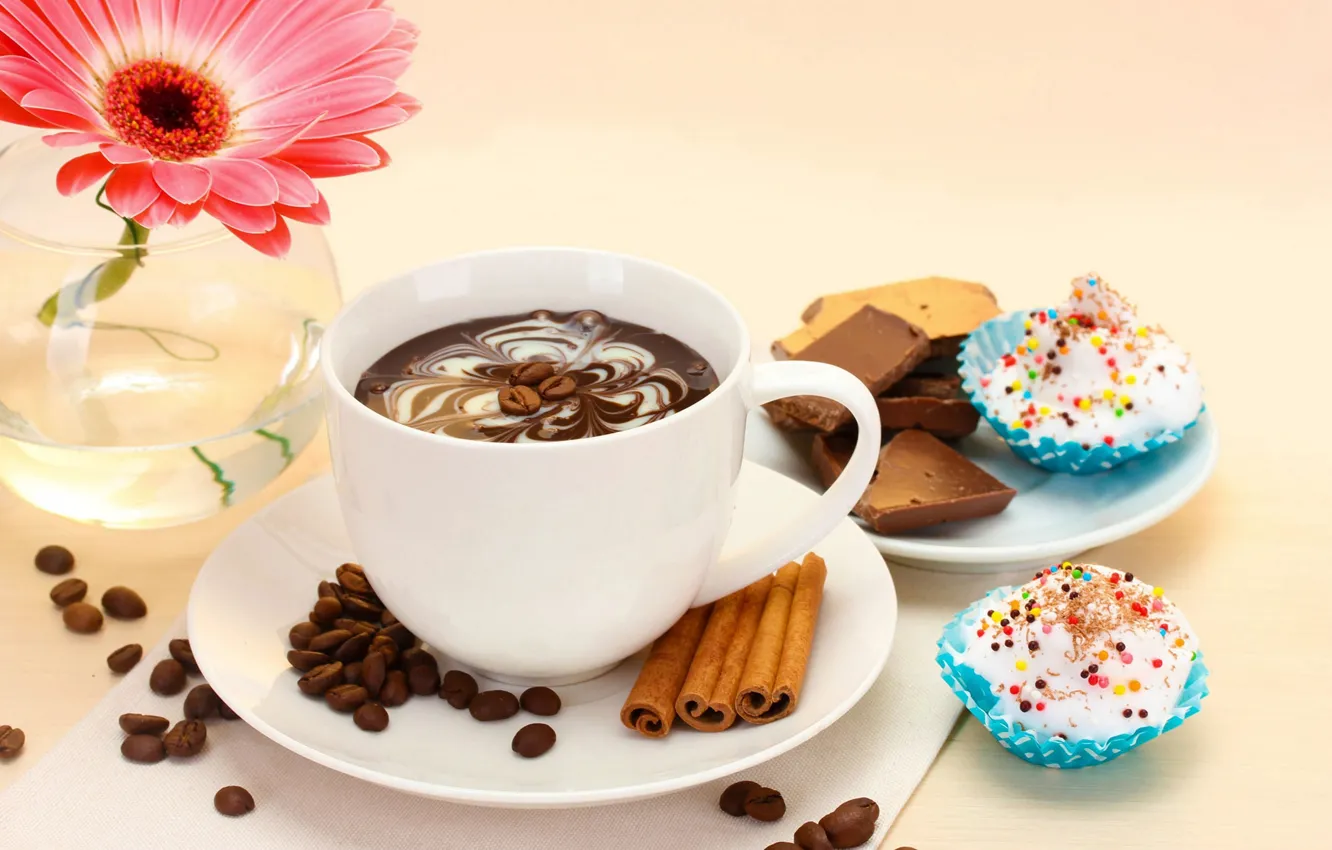 Фото обои цветы, кофе, еда, шоколад, чашка, торт, cake, flower