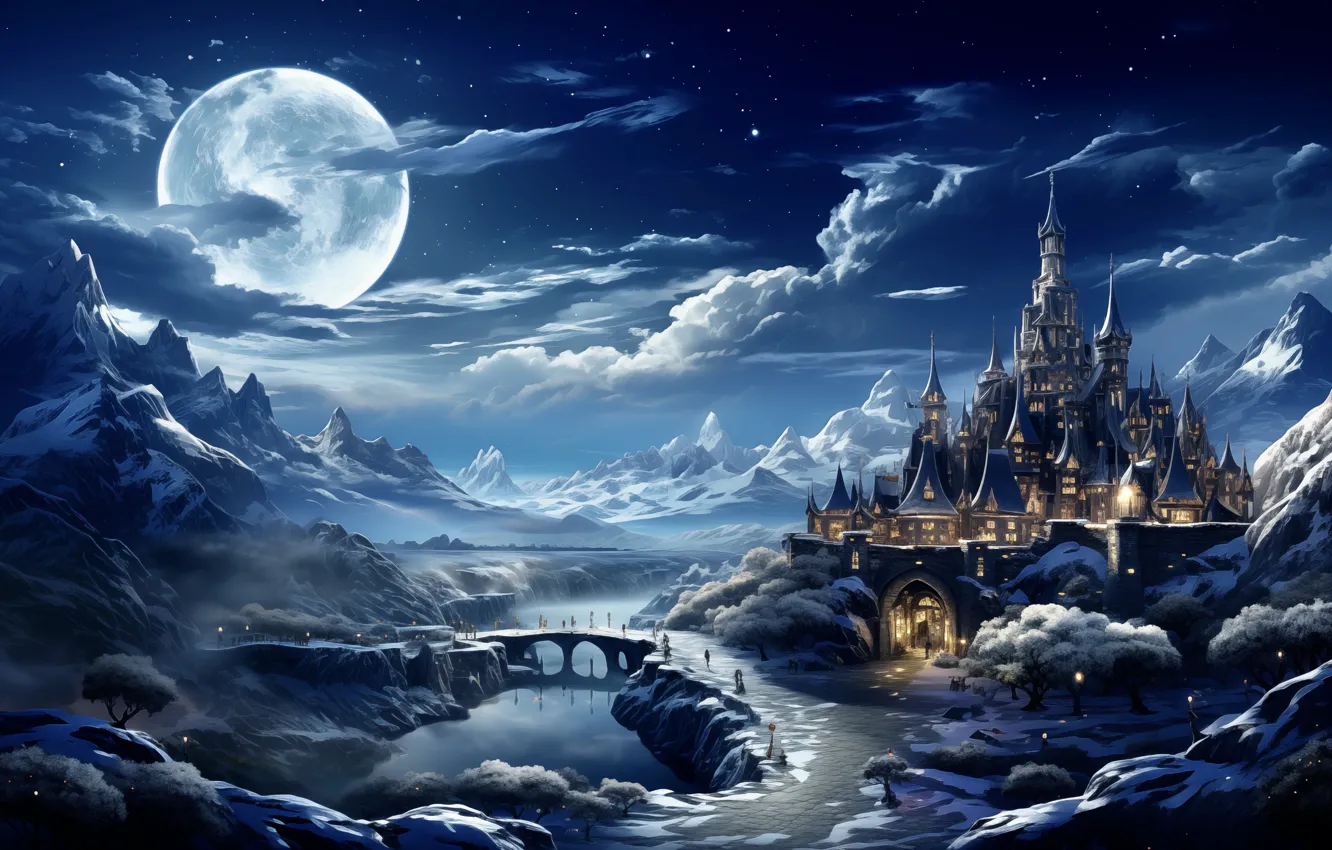 Фото обои звезды, облака, снег, деревья, ночь, мост, река, замок