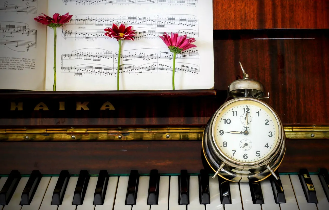 Фото обои ноты, часы, пианино, герберы