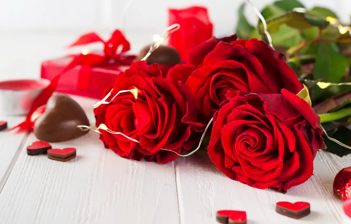Фото обои подарок, шоколад, розы, конфеты, сердечки, красные, red, love