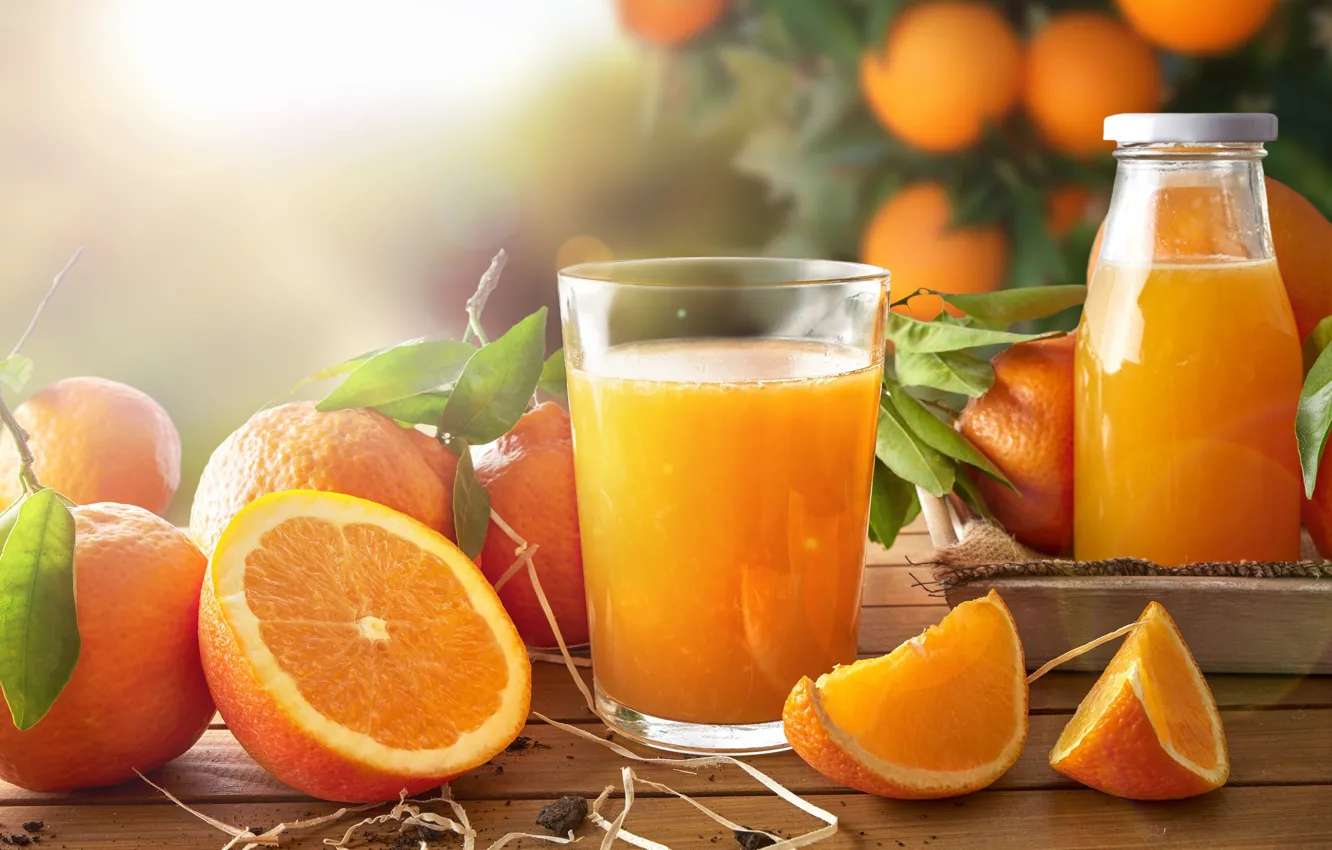 Фото обои стакан, апельсины, сок, дольки, апельсиновый