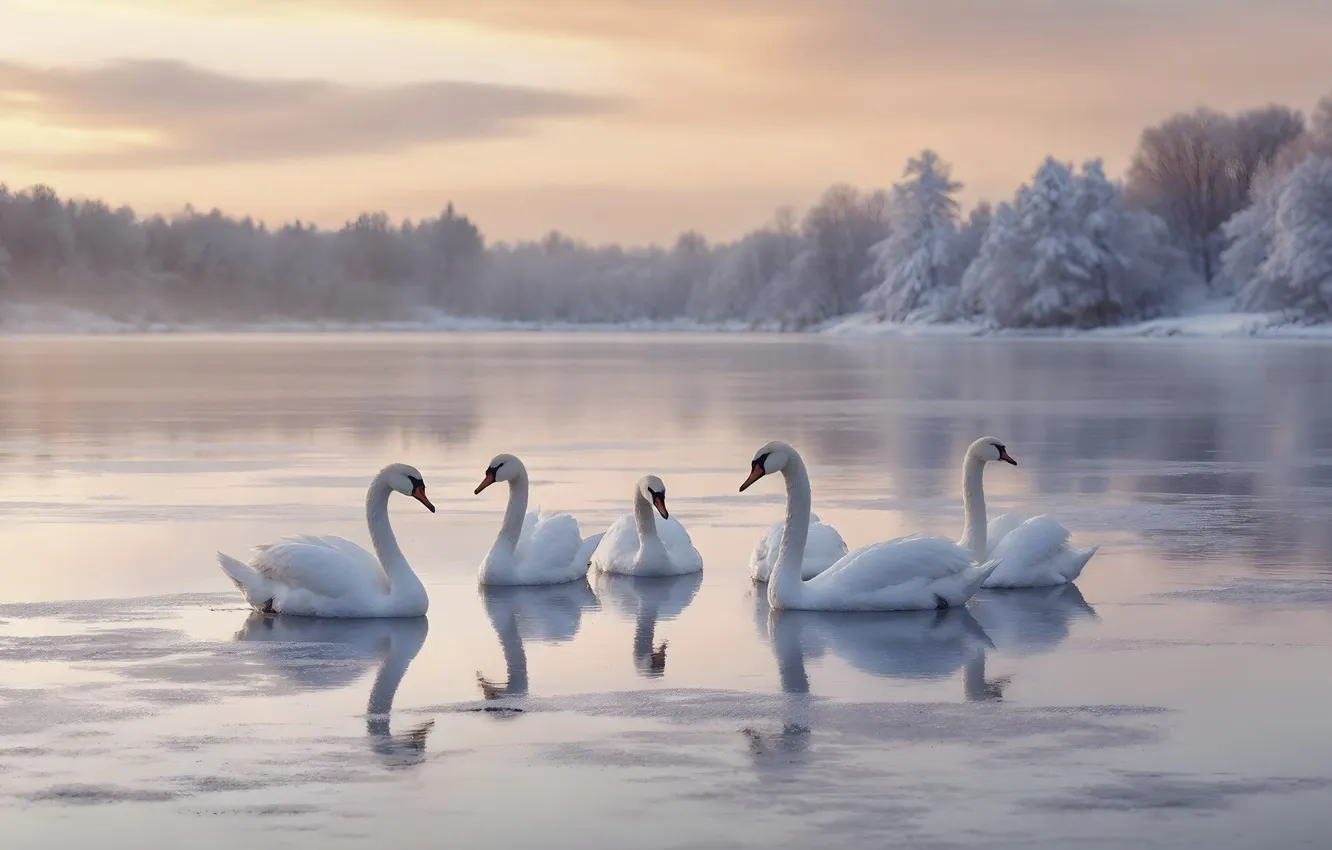Фото обои лед, зима, снег, природа, озеро, swan, лебеди, landscape