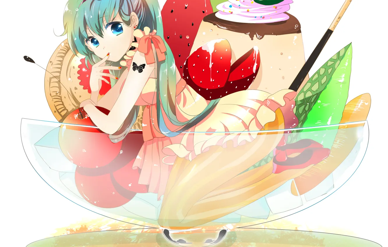 Фото обои девушка, бабочка, аниме, тату, клубника, арт, мороженое, фрукты