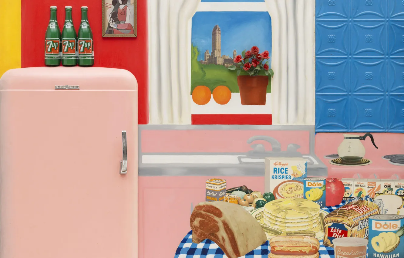 Фото обои цветы, интерьер, апельсины, картина, окно, сок, холодильник, хлеб