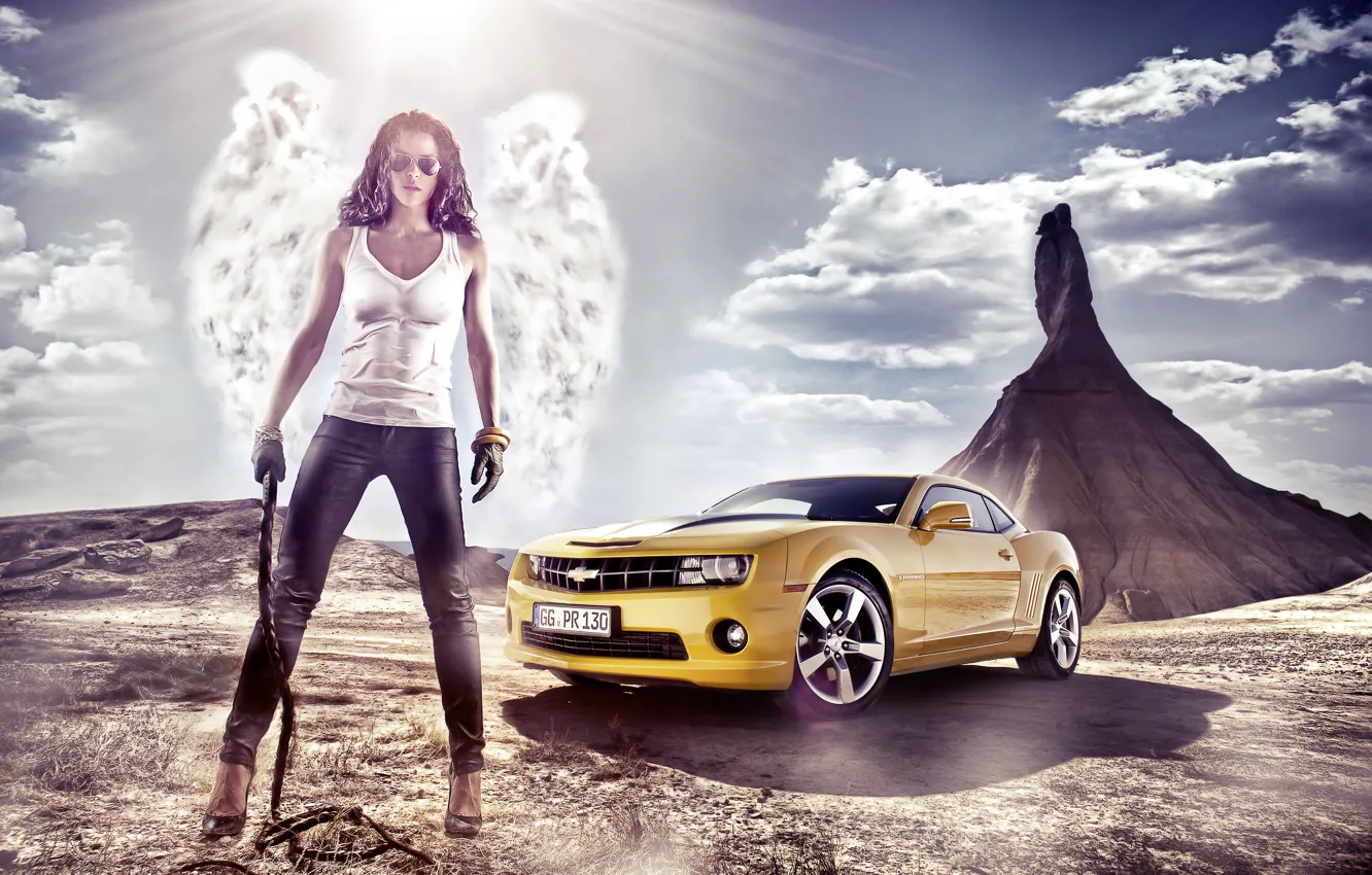 Фото обои девушка, пейзаж, природа, обои, гора, крылья, ангел, Chevrolet