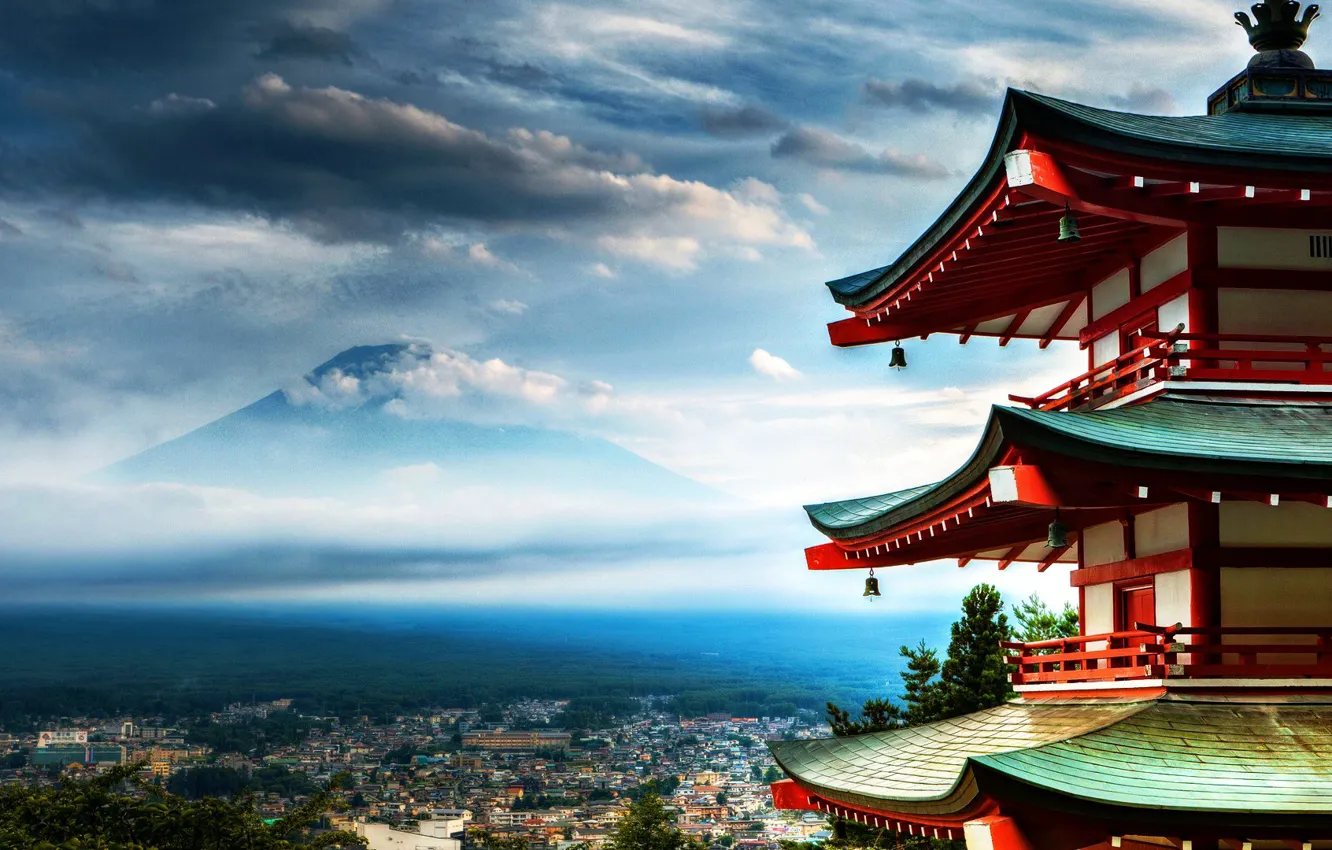 Фото обои Japan, Фудзияма, Senso-ji Temle, пагода храма Сенсо-дзи, панорама города, Fuji Mountain