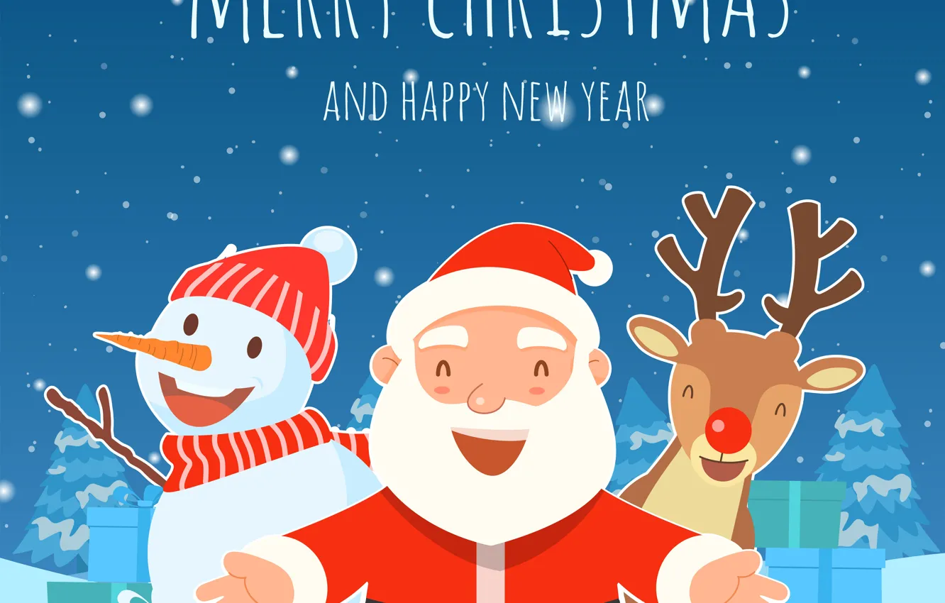 Фото обои Улыбка, Рождество, Олень, Новый год, Санта Клаус, Merry Christmas, Снеговик, Merry christmas and Happy new …