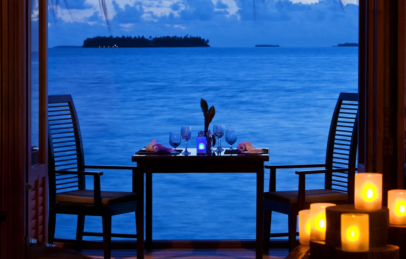 Фото обои океан, романтика, вид, вечер, свечи, ужин