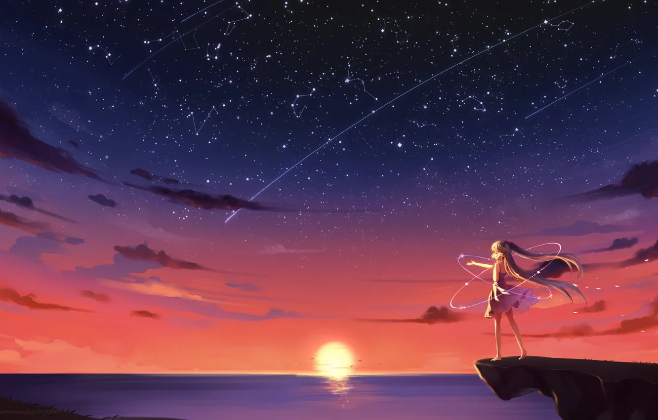 Фото обои небо, девушка, солнце, звезды, облака, закат, чайки, аниме