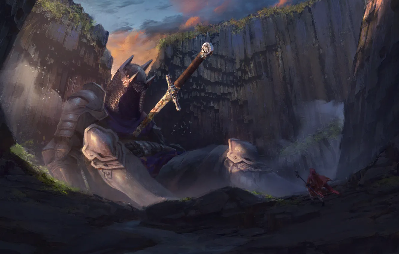 Фото обои скалы, человек, меч, доспехи, арт, рыцарь