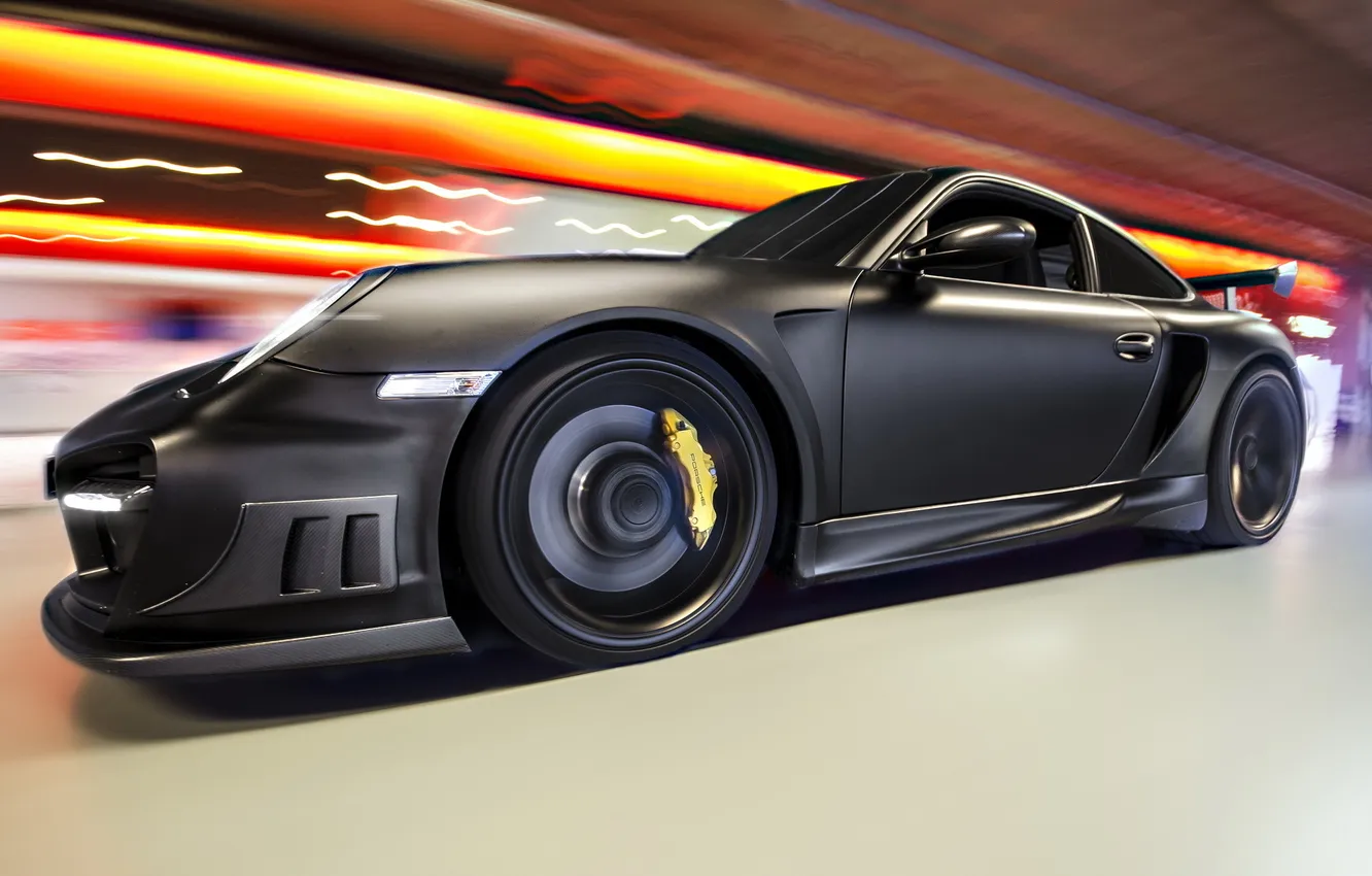 Фото обои огни, черный, тюнинг, скорость, Porsche, размытость, суперкар, Techart