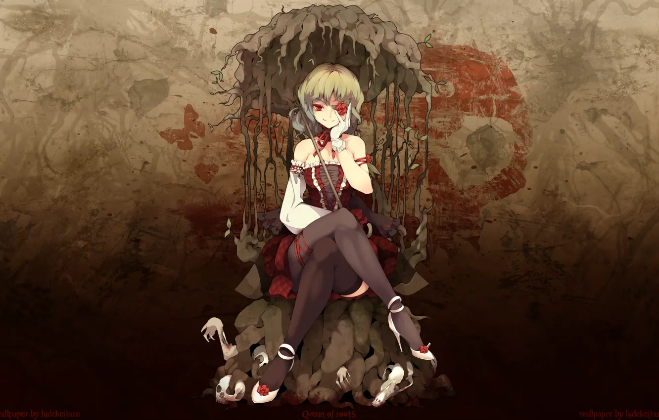 Фото обои корни, бабочка, кровь, роза, череп, чулки, blood, kazami yuuka