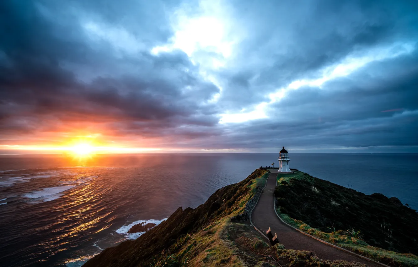 Фото обои дорога, море, небо, закат, океан, маяк, Новая Зеландия, Pacific Ocean