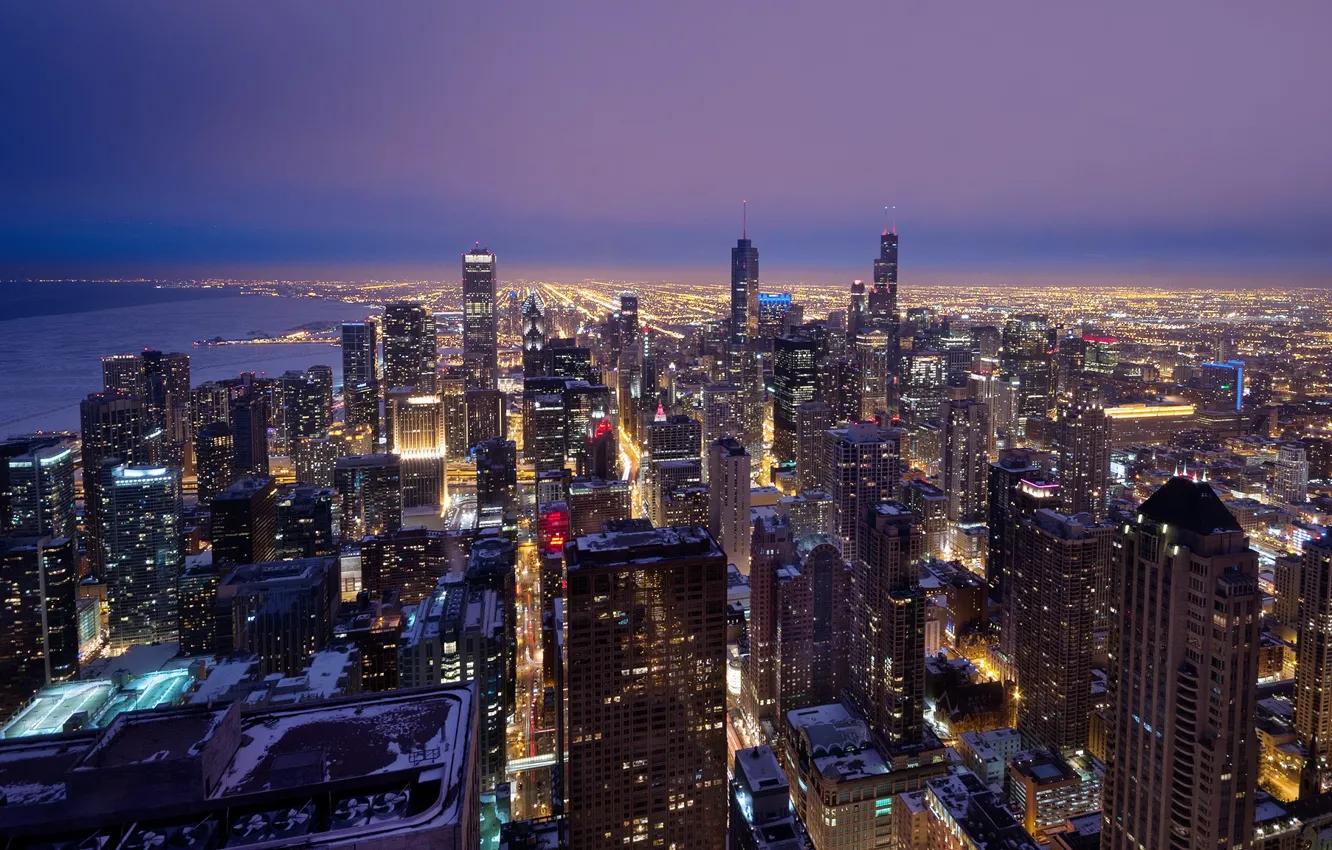 Фото обои USA, United States, Chicago, Illinois, skyline, dusk, architecture, downtown