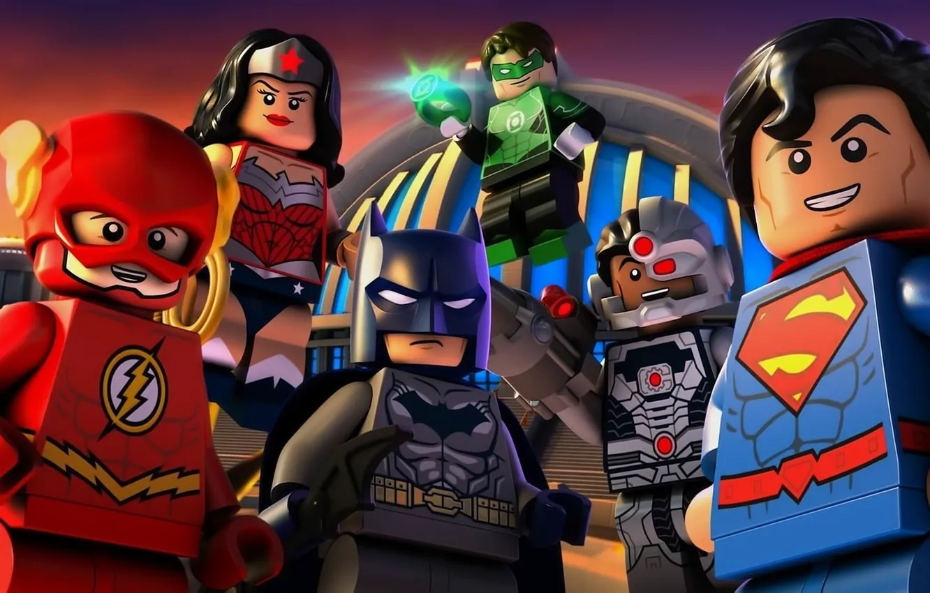 Фото обои Wonder Woman, Batman, smile, bat, Lego, Green Lantern, Superman, hero
