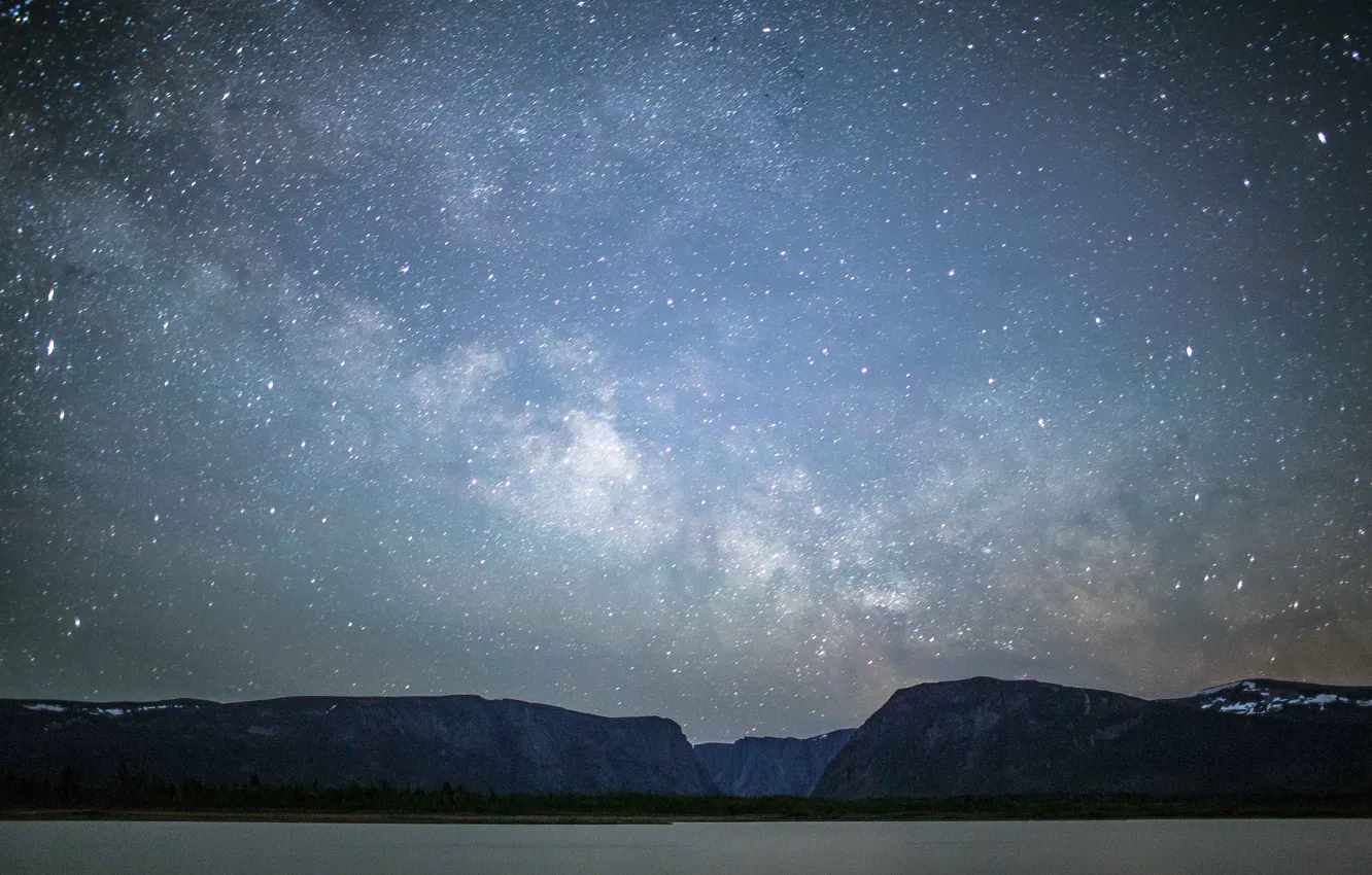 Фото обои космос, звезды, горы, озеро, берег, Млечный Путь, тайны