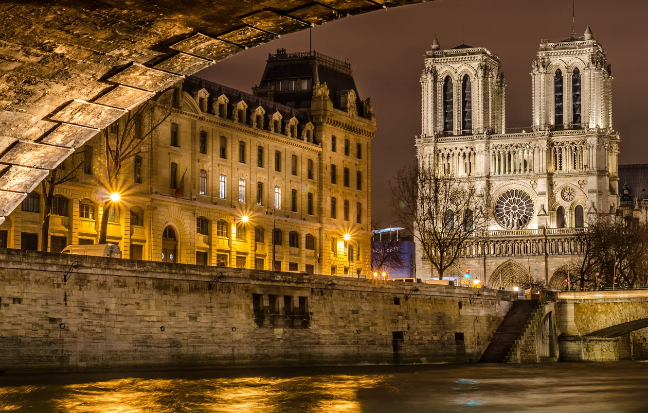 Фото обои мост, город, река, Франция, Париж, вечер, освещение, Сена