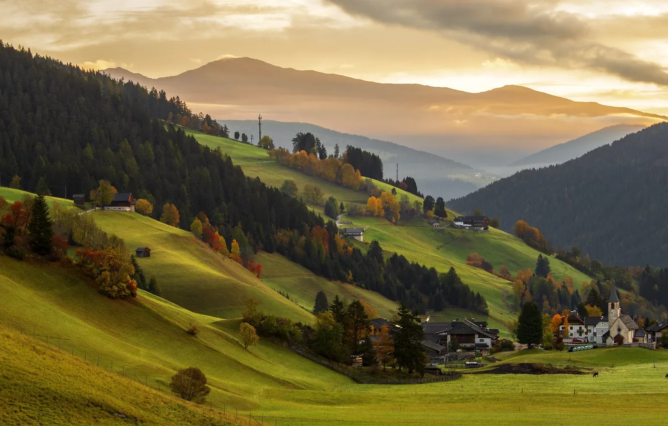Фото обои осень, горы, дом, склон, Италия, Доломитовые Альпы