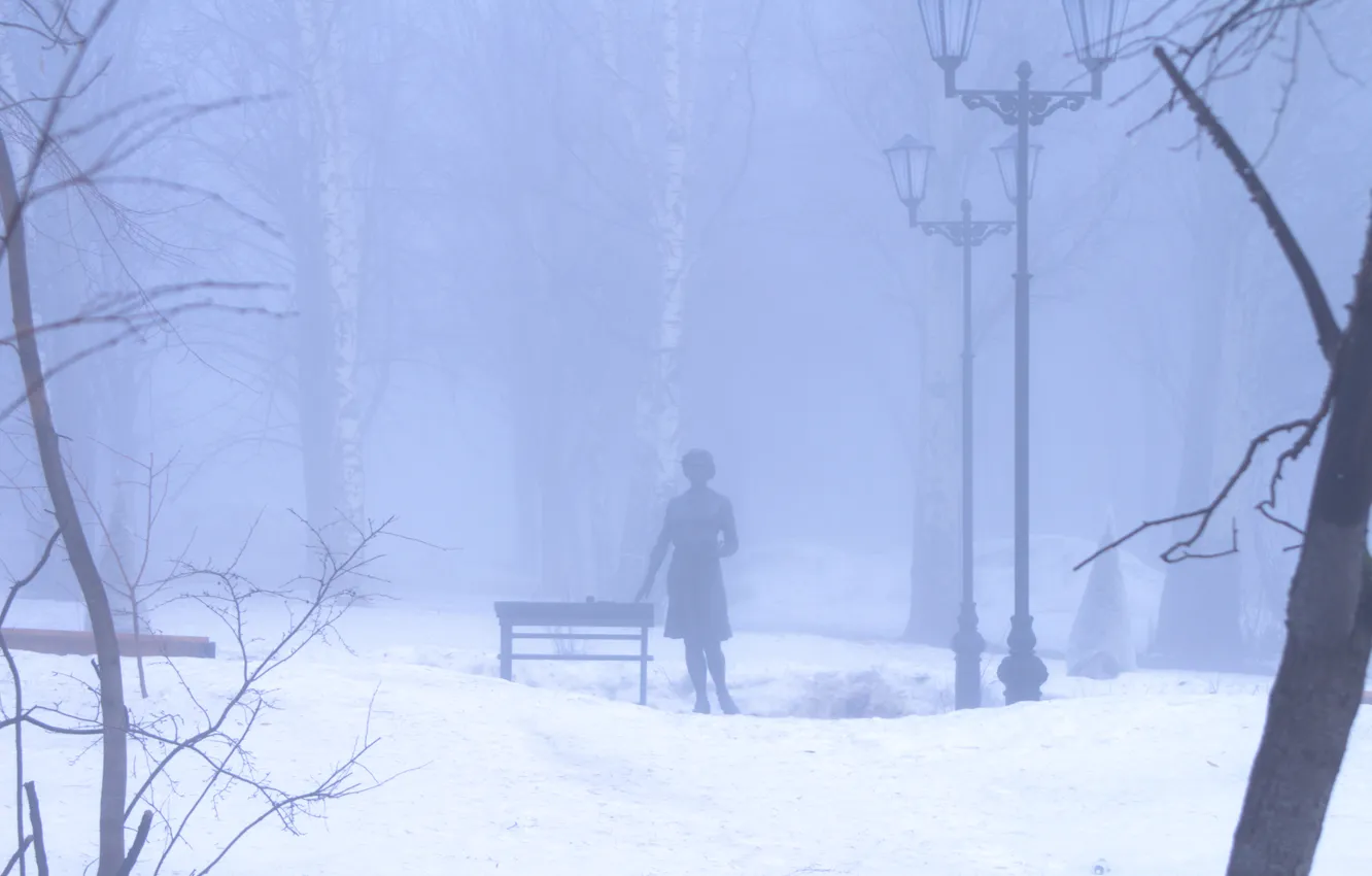 Фото обои снег, деревья, город, туман, весна, утро, Россия, Самара