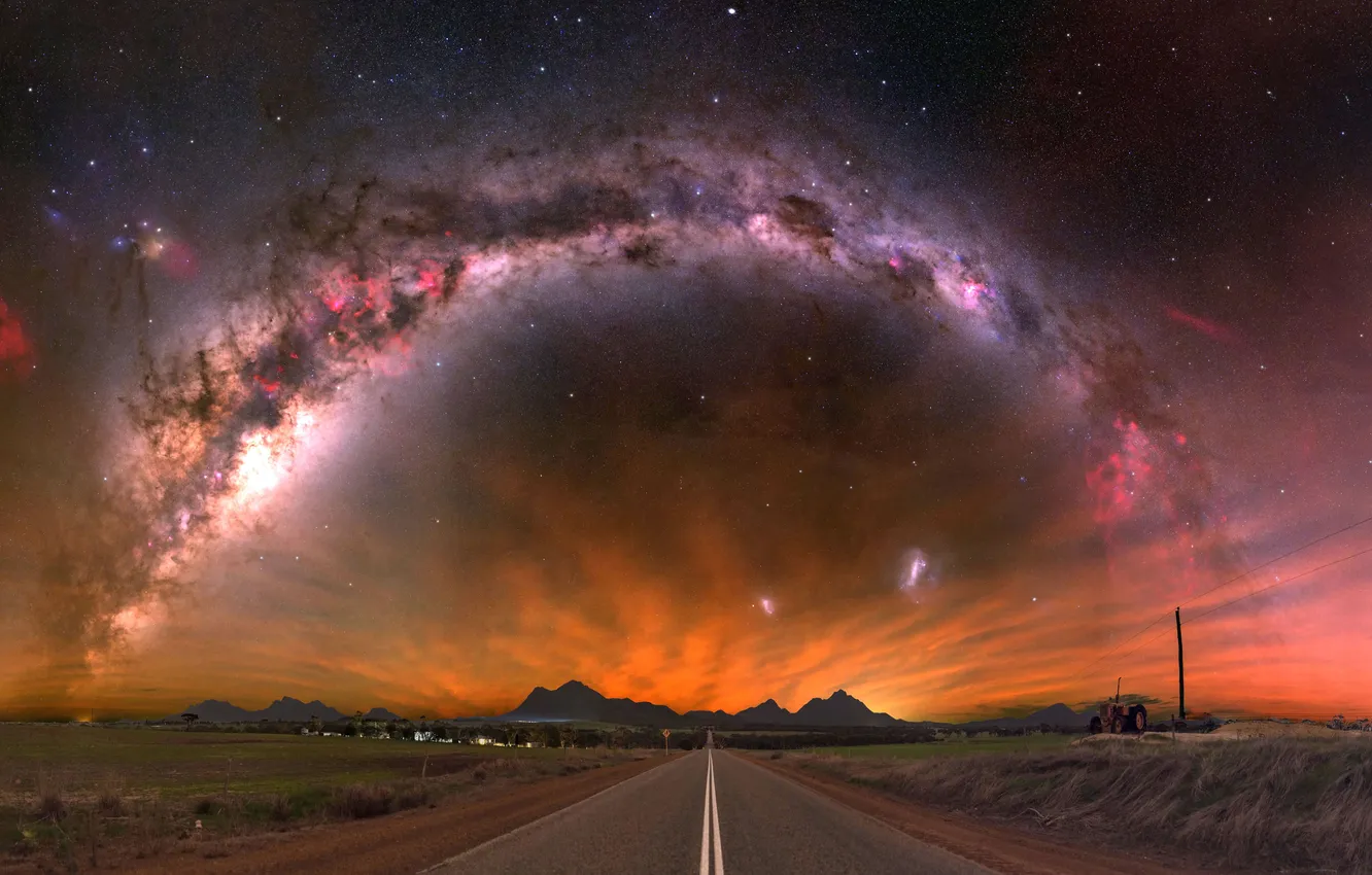 Фото обои grass, road, sky, landscape, nature, nebula, night, mountains