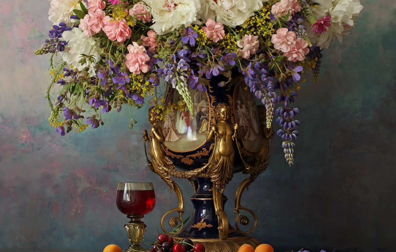 Фото обои письмо, цветы, вишня, стиль, перо, вино, бокал, букет
