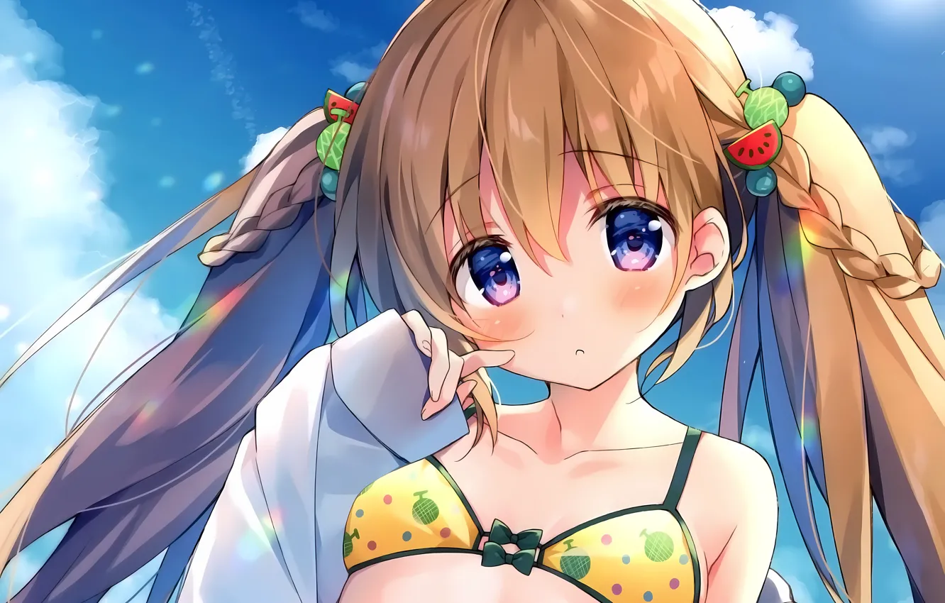 Фото обои girl, sexy, cleavage, sky, long hair, boobs, anime, beautiful